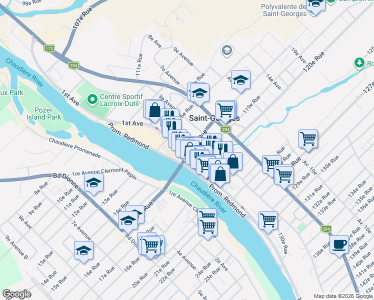 map of restaurants, bars, coffee shops, grocery stores, and more near 11765 1re Avenue in Saint-Georges