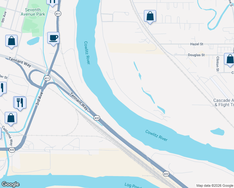 map of restaurants, bars, coffee shops, grocery stores, and more near 2068 South River Road in Kelso