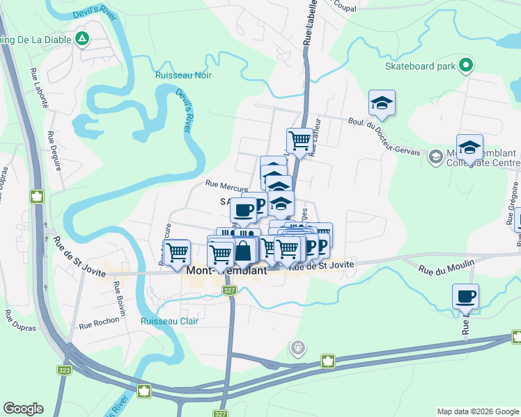 map of restaurants, bars, coffee shops, grocery stores, and more near 541 Rue Charbonneau in Mont-Tremblant
