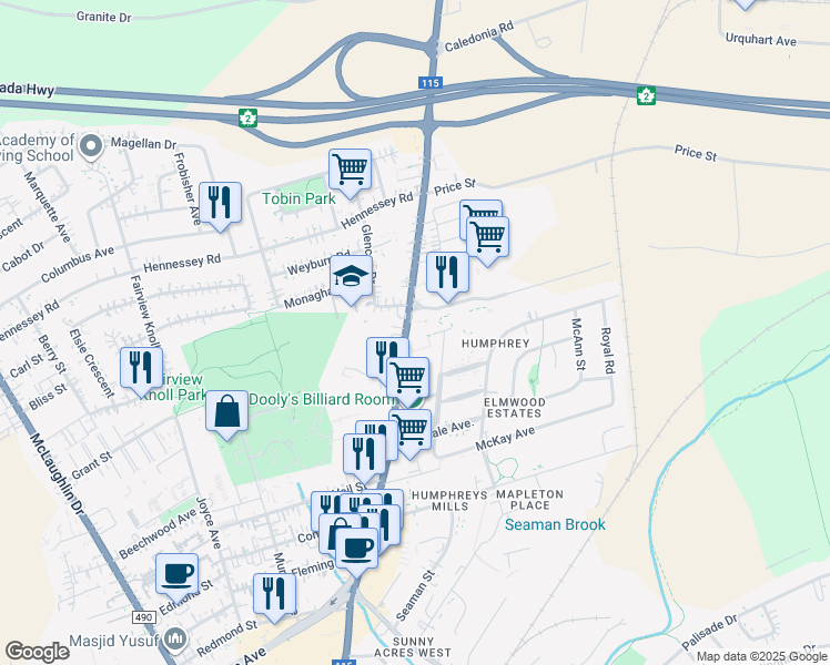 map of restaurants, bars, coffee shops, grocery stores, and more near 523 Elmwood Drive in Moncton