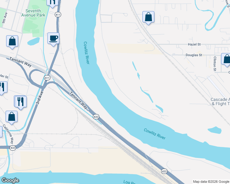 map of restaurants, bars, coffee shops, grocery stores, and more near 2064 South River Road in Kelso