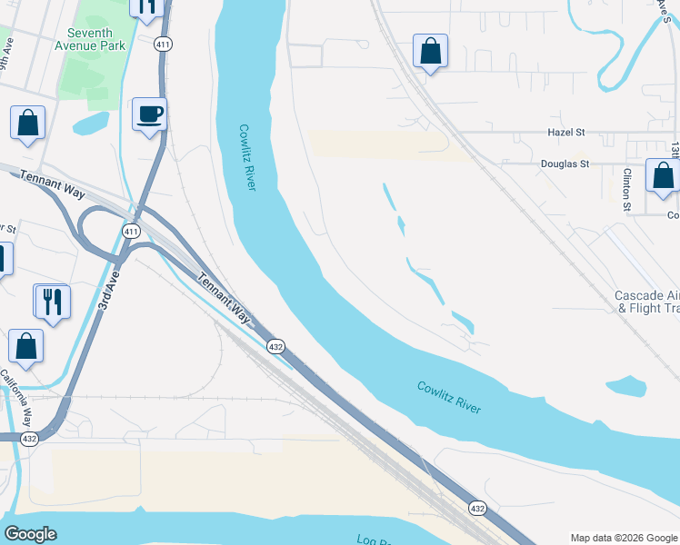 map of restaurants, bars, coffee shops, grocery stores, and more near 2068 South River Road in Kelso