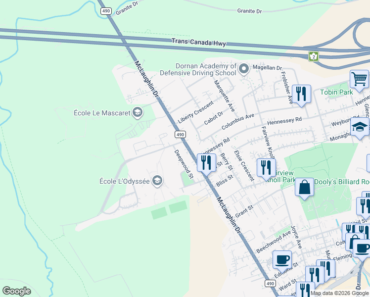 map of restaurants, bars, coffee shops, grocery stores, and more near 542 Chemin McLaughlin Road in Moncton
