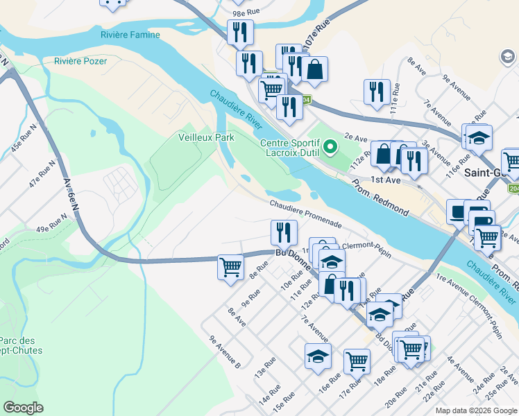 map of restaurants, bars, coffee shops, grocery stores, and more near 640 Avenue de la Chaudière in Saint-Georges