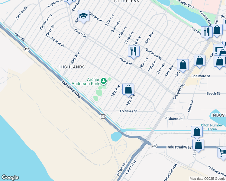 map of restaurants, bars, coffee shops, grocery stores, and more near 283 20th Avenue in Longview