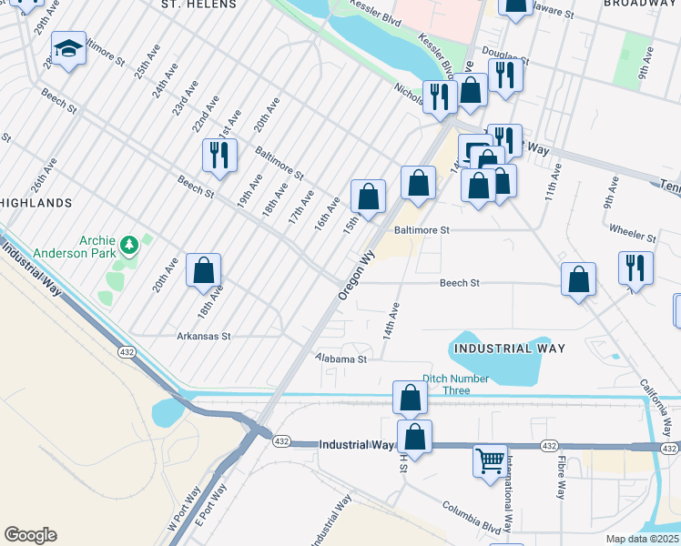 map of restaurants, bars, coffee shops, grocery stores, and more near 437 Oregon Way in Longview