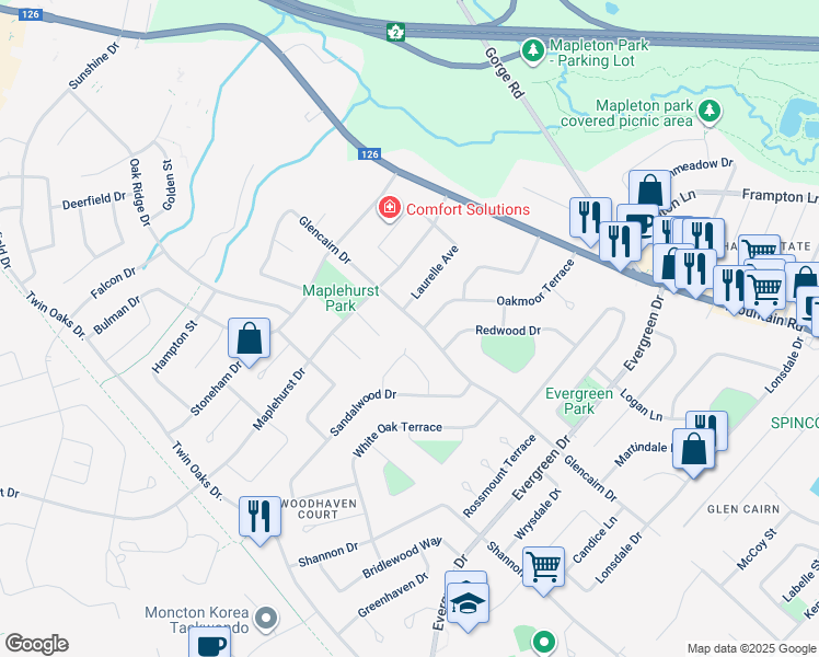 map of restaurants, bars, coffee shops, grocery stores, and more near 458 Glencairn Drive in Moncton