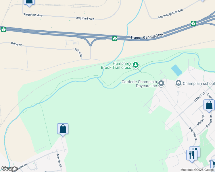map of restaurants, bars, coffee shops, grocery stores, and more near Humphrey Brook Trail in Moncton