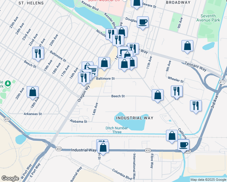 map of restaurants, bars, coffee shops, grocery stores, and more near 1331 Baltimore Street in Longview