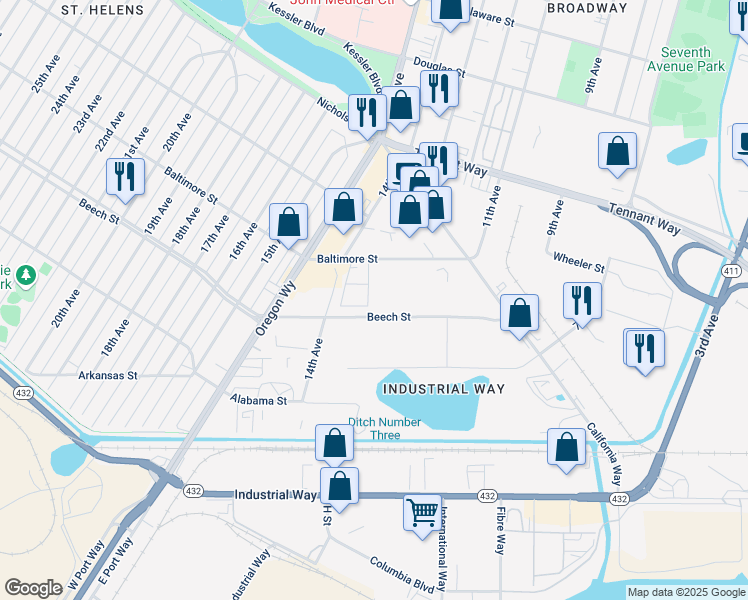 map of restaurants, bars, coffee shops, grocery stores, and more near 1331 Baltimore Street in Longview