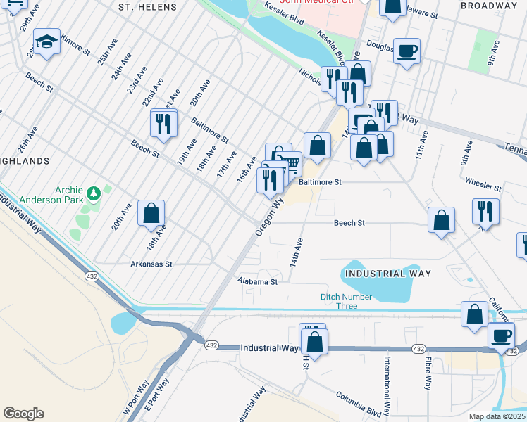 map of restaurants, bars, coffee shops, grocery stores, and more near 437 Oregon Way in Longview