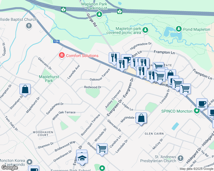 map of restaurants, bars, coffee shops, grocery stores, and more near 21 Redwood Drive in Moncton