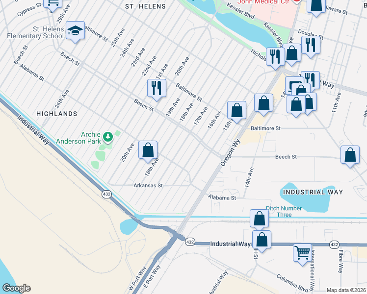map of restaurants, bars, coffee shops, grocery stores, and more near 341 17th Avenue in Longview