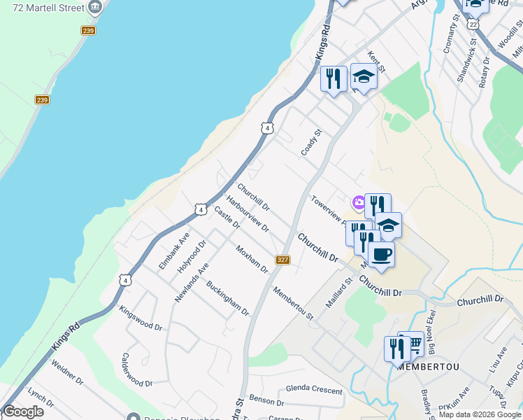 map of restaurants, bars, coffee shops, grocery stores, and more near 56 Churchill Drive in Sydney