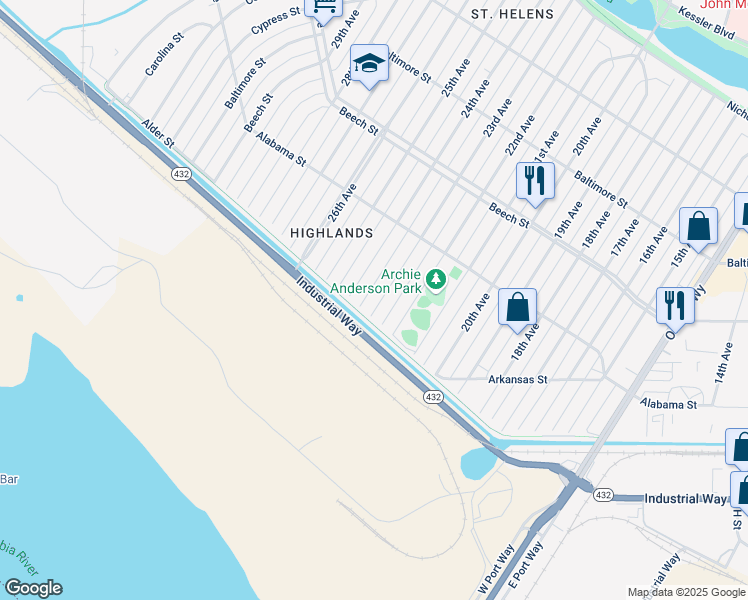 map of restaurants, bars, coffee shops, grocery stores, and more near 229 23rd Avenue in Longview