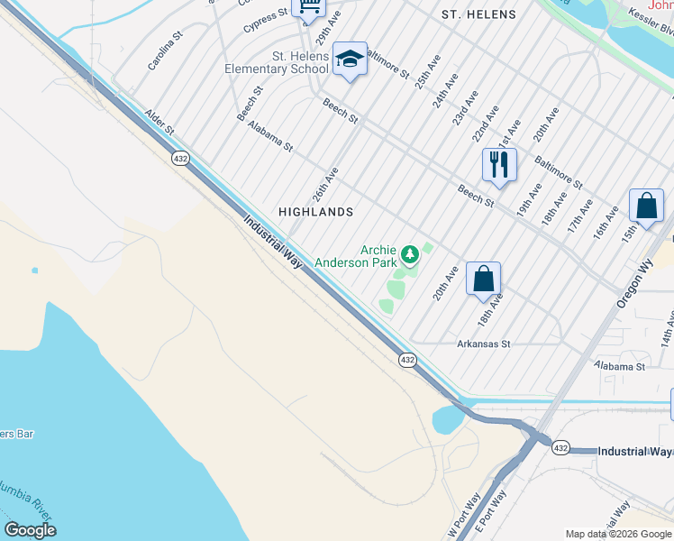 map of restaurants, bars, coffee shops, grocery stores, and more near 210 24th Avenue in Longview