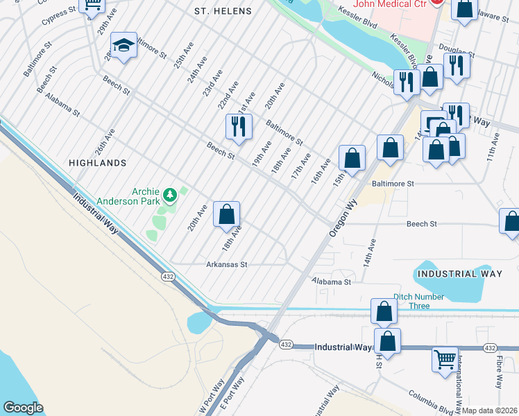 map of restaurants, bars, coffee shops, grocery stores, and more near 341 17th Avenue in Longview
