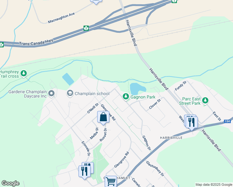 map of restaurants, bars, coffee shops, grocery stores, and more near 174 Gagnon Drive in Moncton
