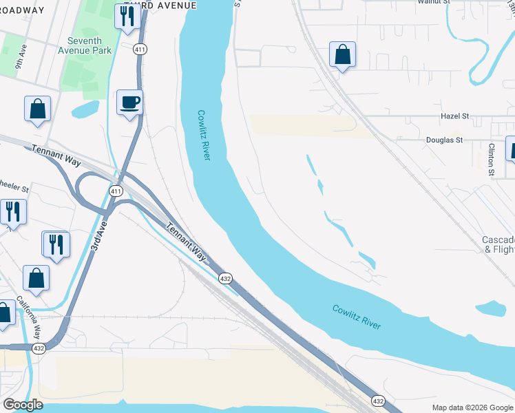map of restaurants, bars, coffee shops, grocery stores, and more near 2040 South River Road in Kelso