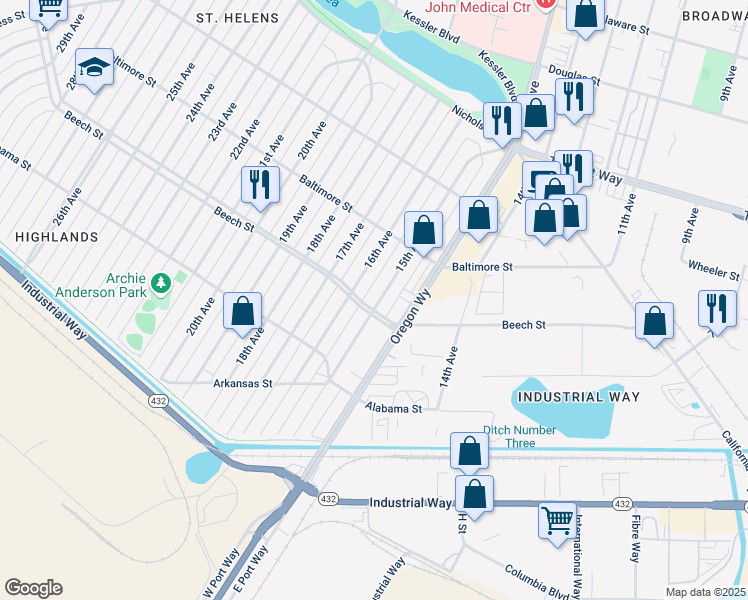 map of restaurants, bars, coffee shops, grocery stores, and more near 411 15th Avenue in Longview