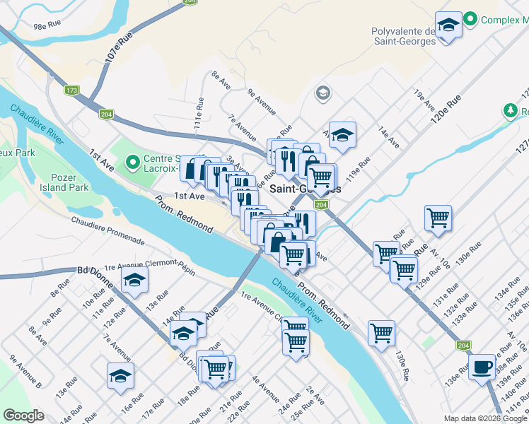 map of restaurants, bars, coffee shops, grocery stores, and more near 11687 Avenue 2e in Saint-Georges