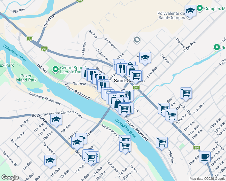 map of restaurants, bars, coffee shops, grocery stores, and more near 11699 Avenue 2e in Saint-Georges