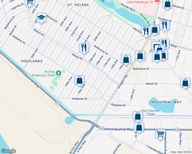 map of restaurants, bars, coffee shops, grocery stores, and more near 341 17th Avenue in Longview