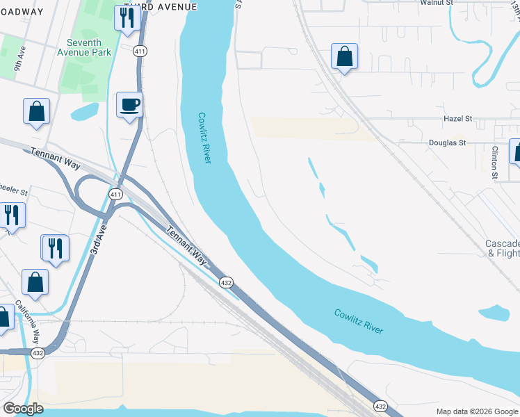 map of restaurants, bars, coffee shops, grocery stores, and more near 1934 South River Road in Kelso
