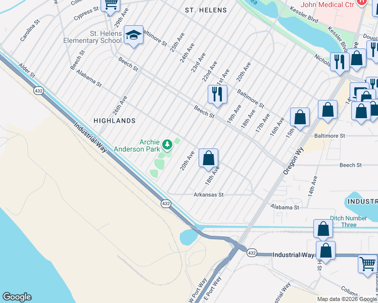 map of restaurants, bars, coffee shops, grocery stores, and more near 283 20th Avenue in Longview