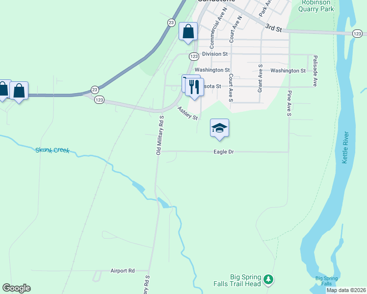 map of restaurants, bars, coffee shops, grocery stores, and more near 702 Aspen Court in Sandstone