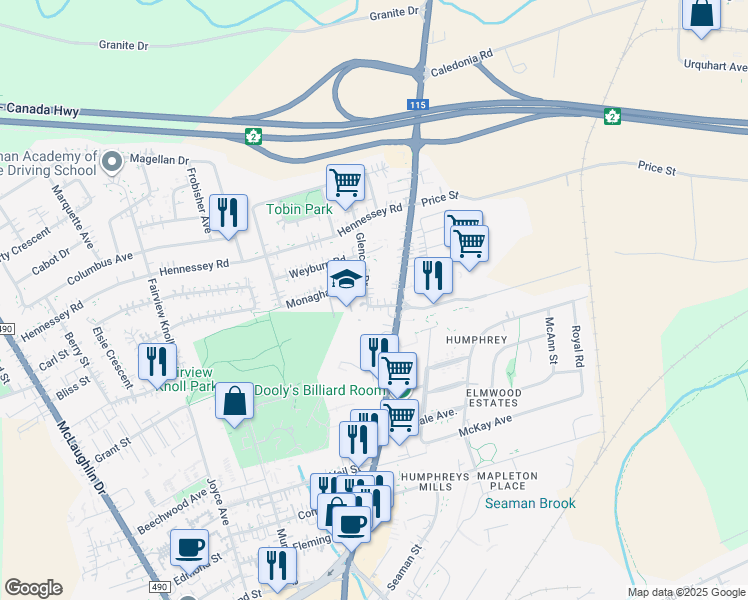 map of restaurants, bars, coffee shops, grocery stores, and more near 23 Keenan Drive in Moncton