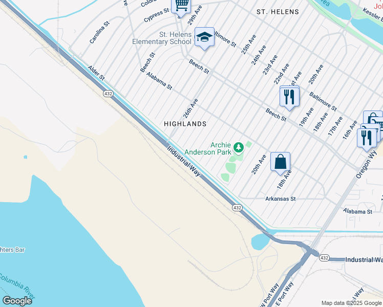 map of restaurants, bars, coffee shops, grocery stores, and more near 211 24th Ave in Longview