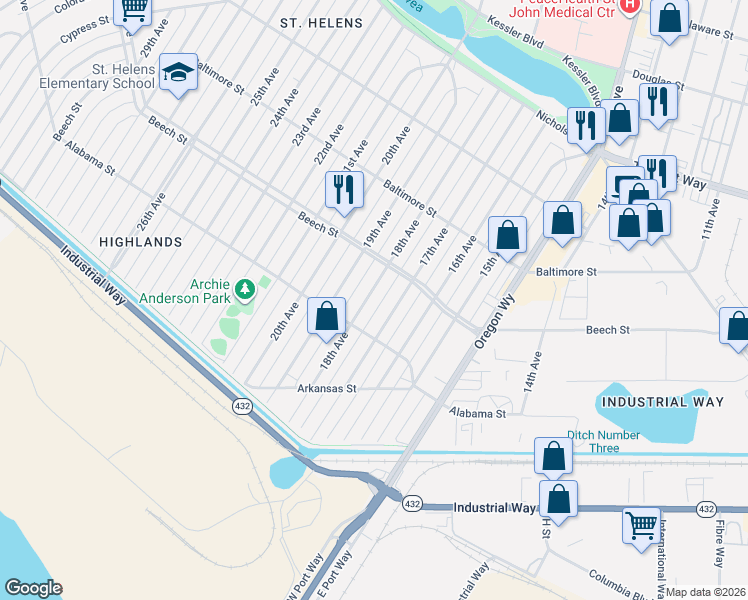 map of restaurants, bars, coffee shops, grocery stores, and more near 341 17th Avenue in Longview