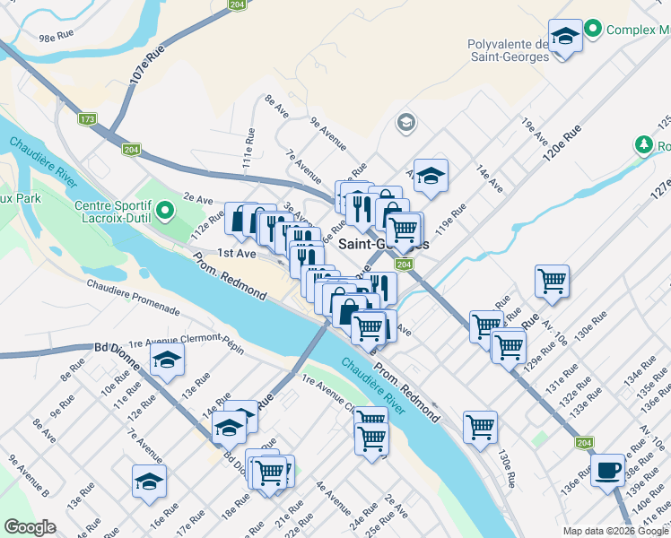 map of restaurants, bars, coffee shops, grocery stores, and more near 11687 Avenue 2e in Saint-Georges