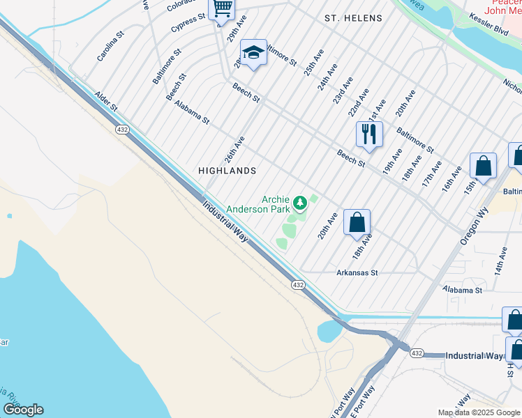 map of restaurants, bars, coffee shops, grocery stores, and more near 229 23rd Avenue in Longview