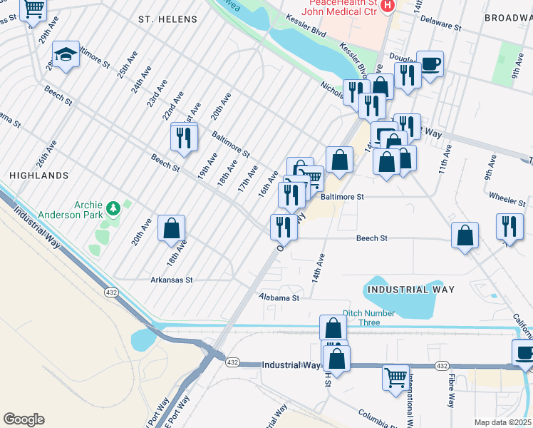 map of restaurants, bars, coffee shops, grocery stores, and more near 411 15th Avenue in Longview