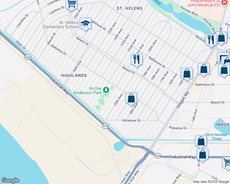 map of restaurants, bars, coffee shops, grocery stores, and more near 283 20th Avenue in Longview