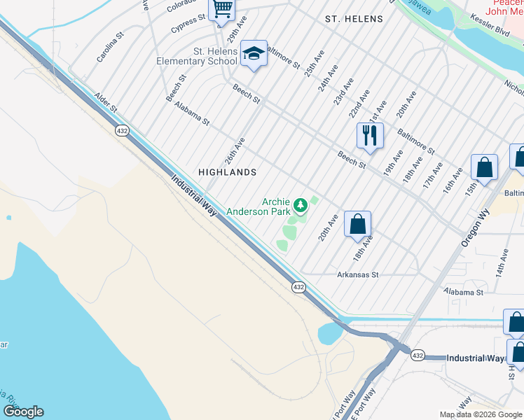 map of restaurants, bars, coffee shops, grocery stores, and more near 229 23rd Avenue in Longview
