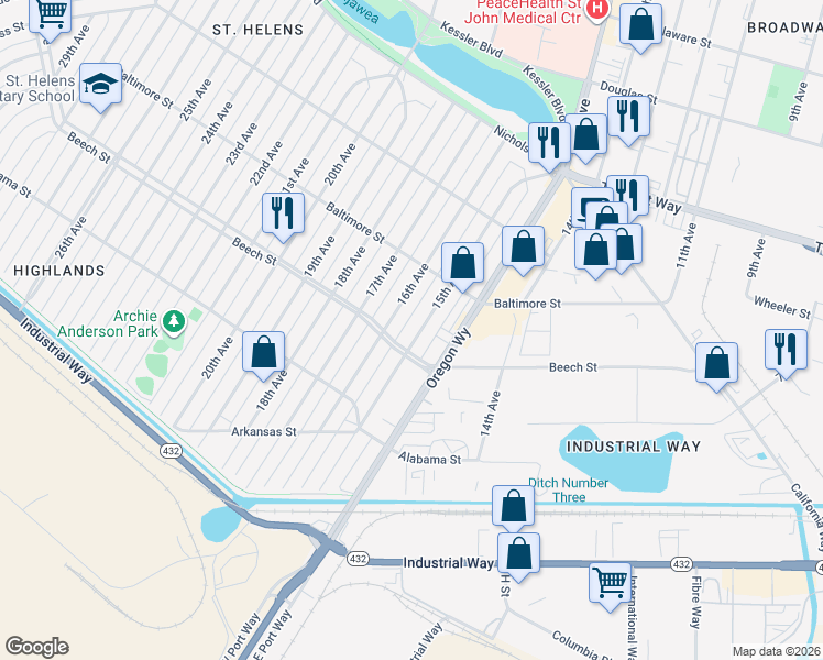 map of restaurants, bars, coffee shops, grocery stores, and more near 411 15th Avenue in Longview