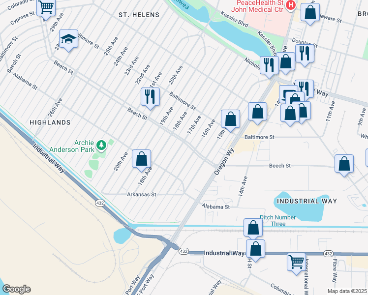 map of restaurants, bars, coffee shops, grocery stores, and more near 361 16th Avenue in Longview