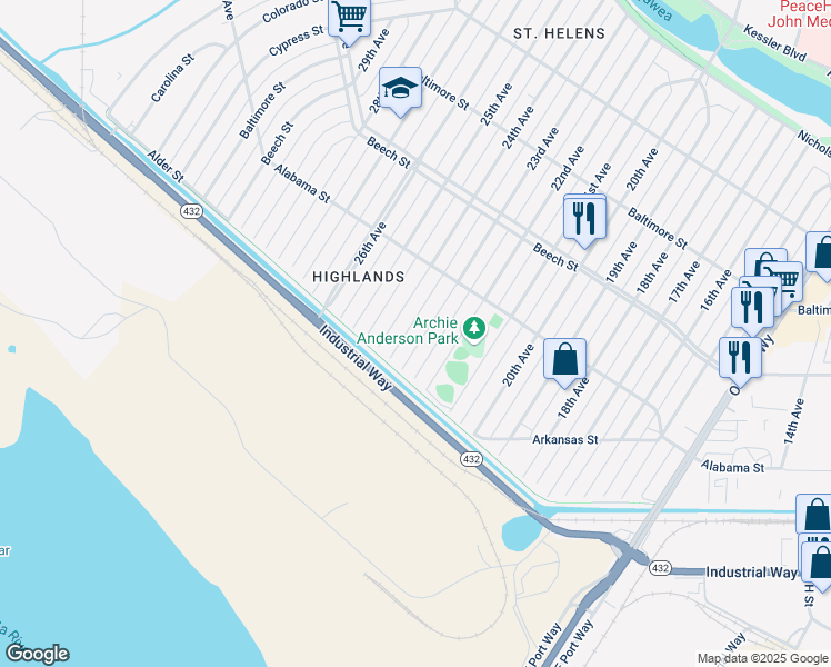 map of restaurants, bars, coffee shops, grocery stores, and more near 229 23rd Avenue in Longview