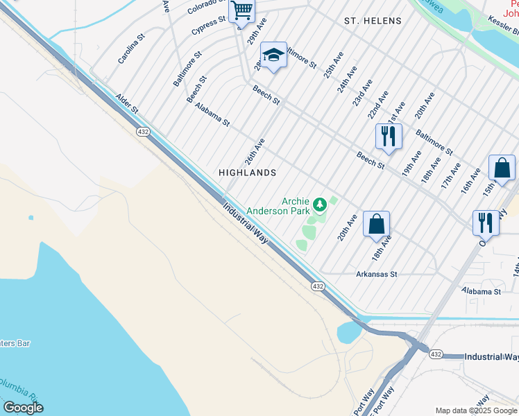 map of restaurants, bars, coffee shops, grocery stores, and more near 211 24th Avenue in Longview