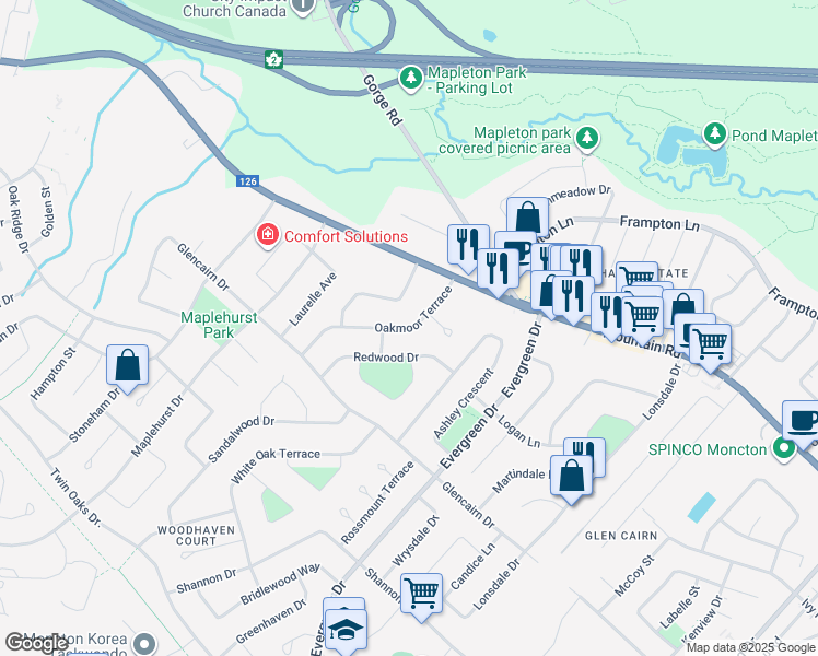 map of restaurants, bars, coffee shops, grocery stores, and more near Oakmoor Terrace in Moncton