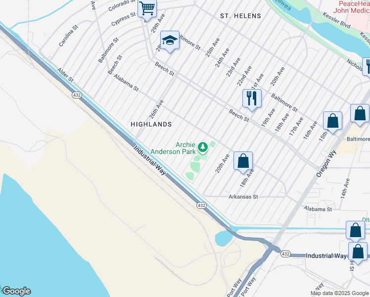map of restaurants, bars, coffee shops, grocery stores, and more near 254 23rd Avenue in Longview