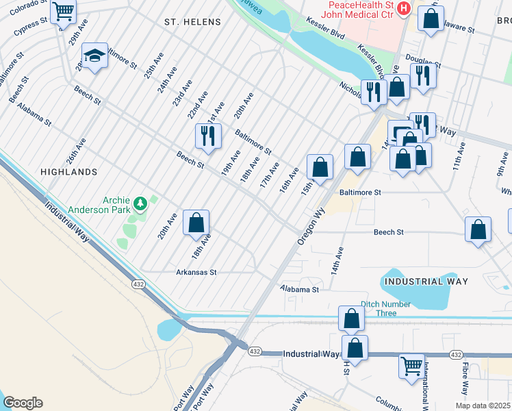 map of restaurants, bars, coffee shops, grocery stores, and more near 368 17th Avenue in Longview