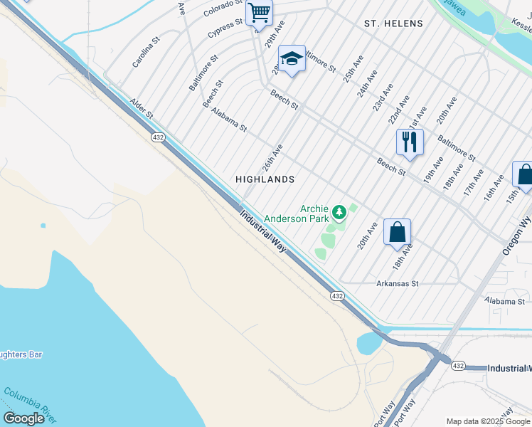 map of restaurants, bars, coffee shops, grocery stores, and more near 224 25th Avenue in Longview