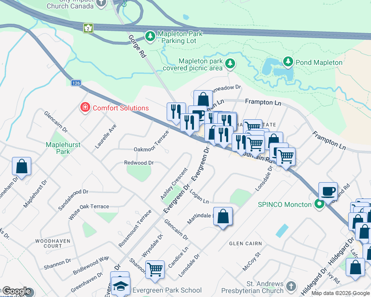 map of restaurants, bars, coffee shops, grocery stores, and more near 130 Ashley Crescent in Moncton