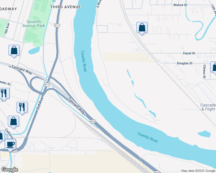 map of restaurants, bars, coffee shops, grocery stores, and more near 1934 South River Road in Kelso