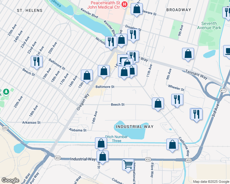 map of restaurants, bars, coffee shops, grocery stores, and more near 1331 Baltimore Street in Longview