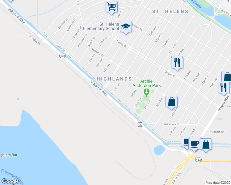map of restaurants, bars, coffee shops, grocery stores, and more near 211 24th Avenue in Longview